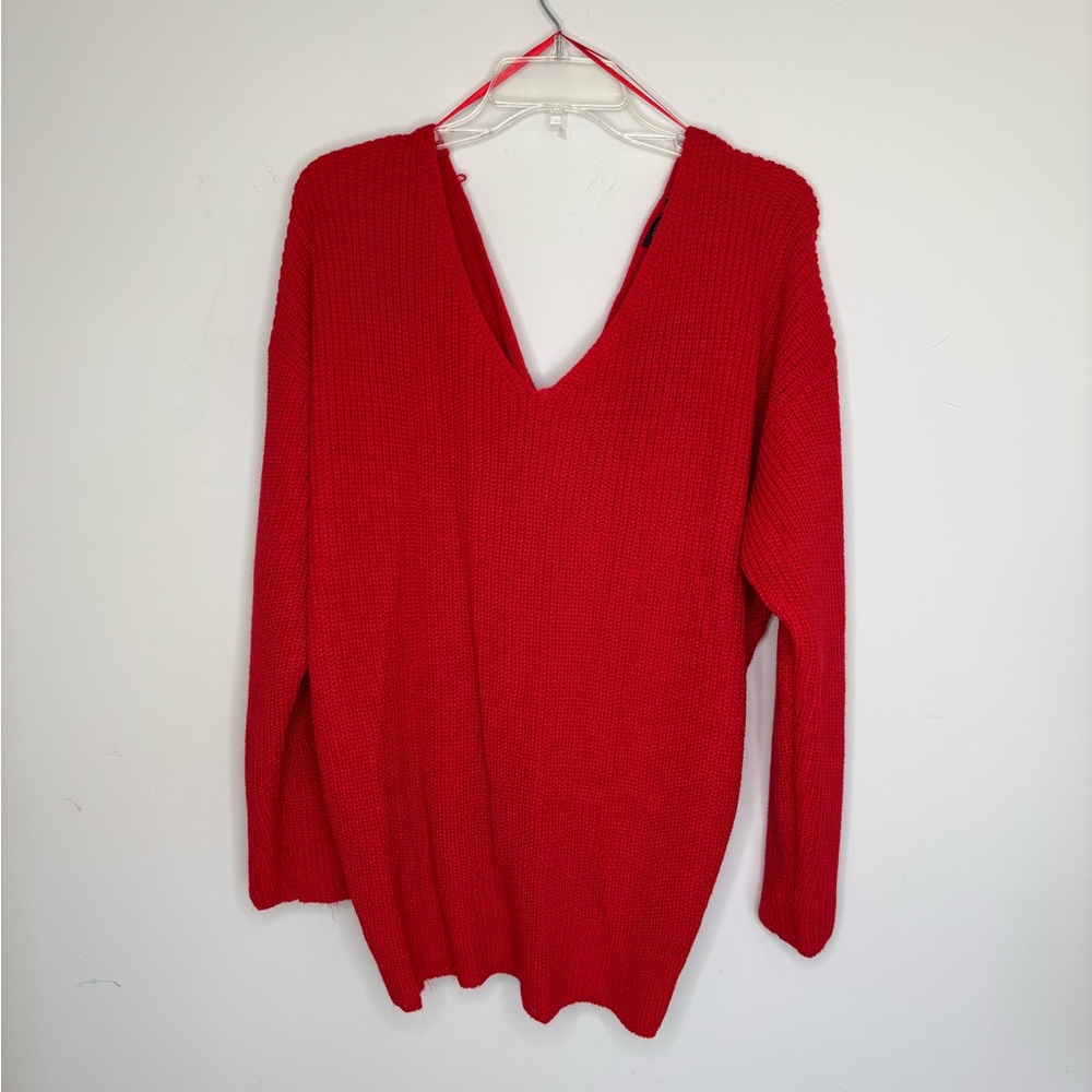 BN3 Fashion NovaRed V-Neck Sweater Oversized Pullover Cute Back Detail 3XL